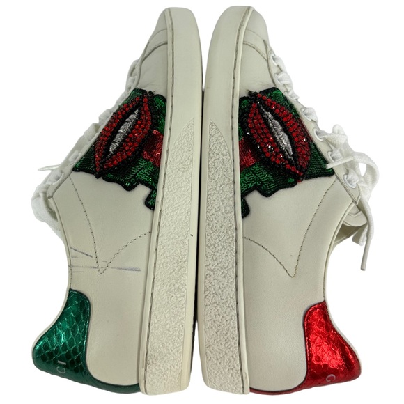GUCCI White Leather Ace Sequin Lips Women's Sneakers Made in Italy 35.5-5.5US